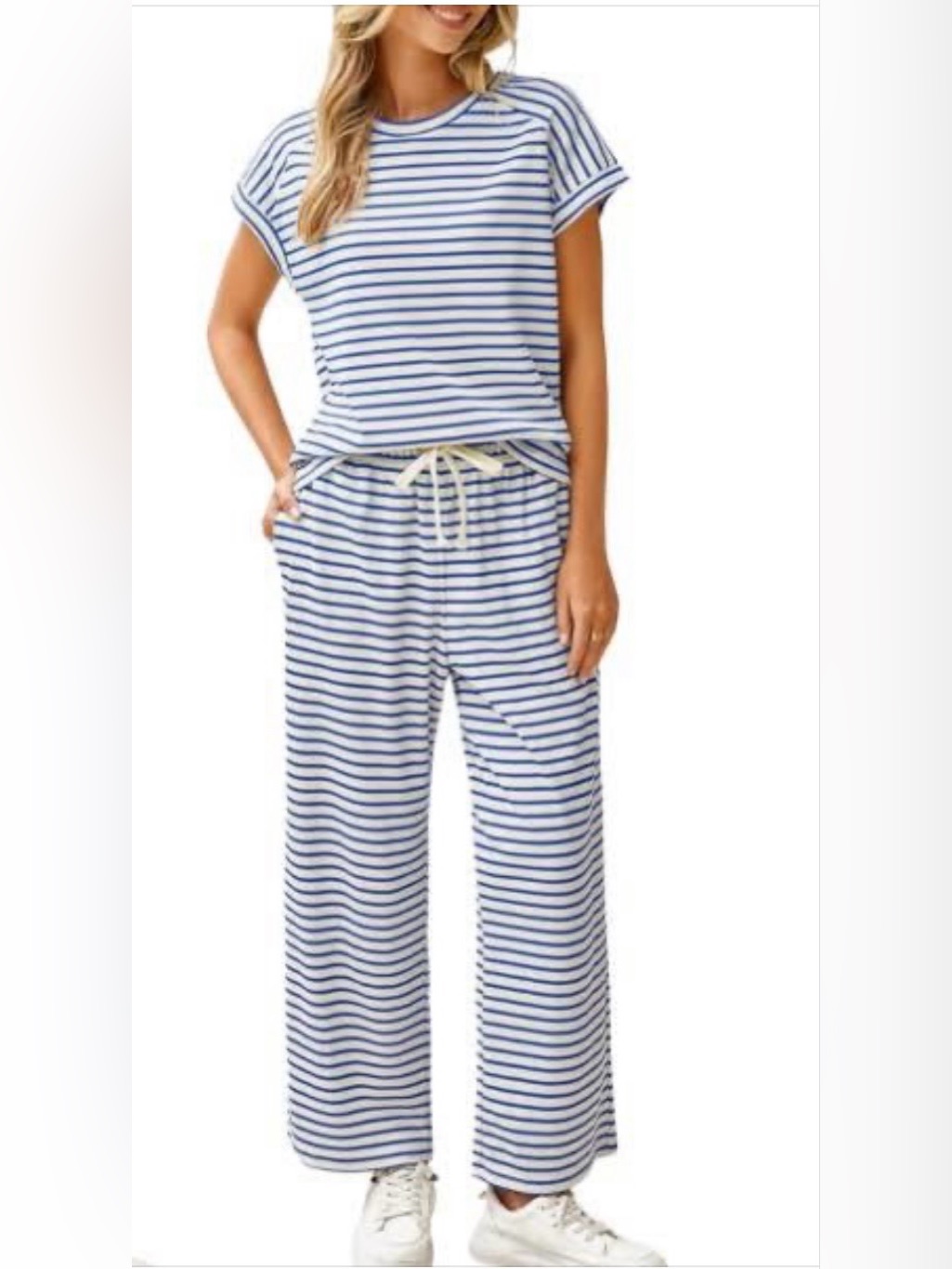 Nwot Glamaker 2 Piece Lounge Outfit Blue And Ecru Stripe Size M Nautical Lounge